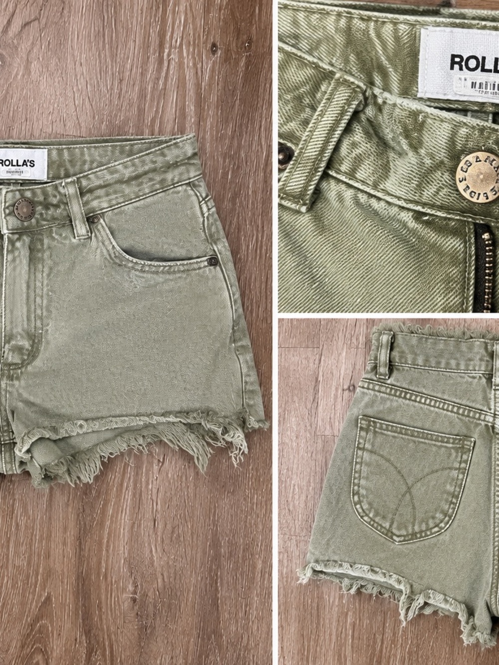 Rolla's Dusters Green High Rise Distressed Denim Shorts Raw Hem